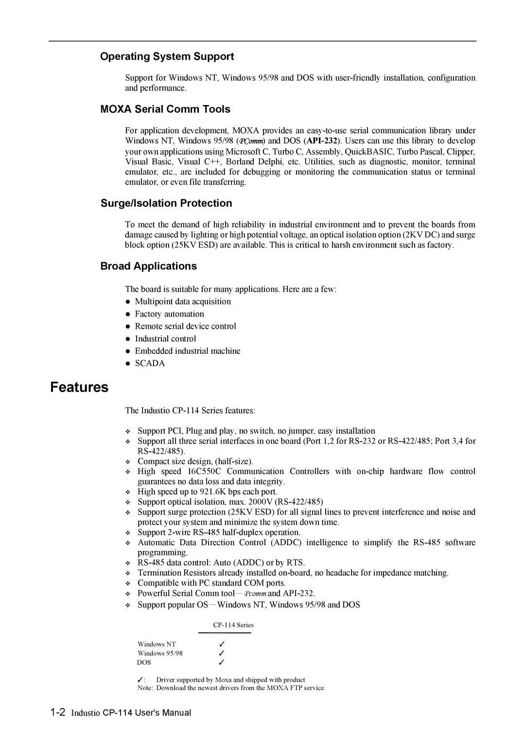 Moxa Technologies CP-114 Series Features, Operating System Support, Moxa Serial Comm Tools, Surge/Isolation Protection 