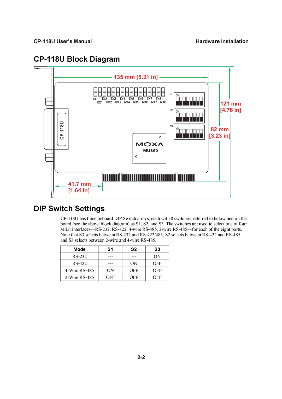 Moxa Technologies user manual CP-118U Block Diagram, DIP Switch Settings 