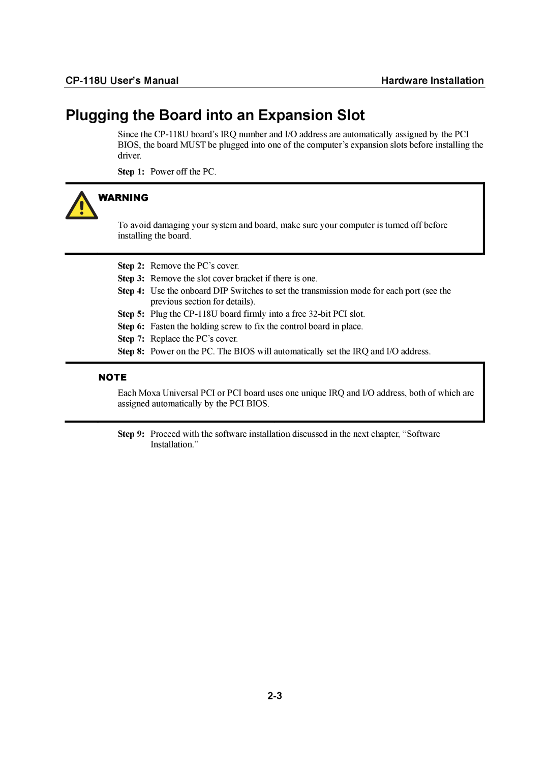 Moxa Technologies CP-118U user manual Plugging the Board into an Expansion Slot 