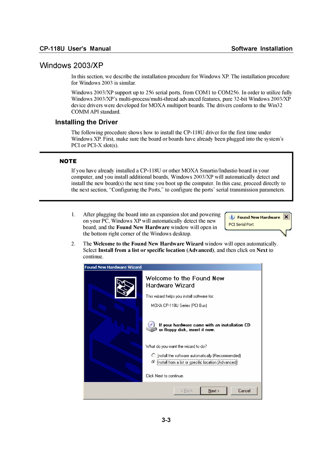 Moxa Technologies CP-118U user manual Windows 2003/XP, Installing the Driver 