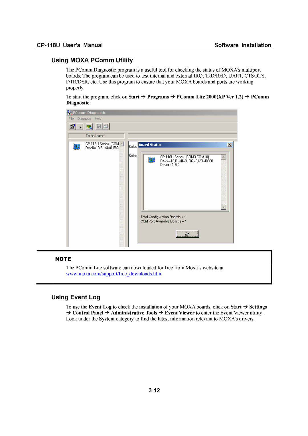 Moxa Technologies CP-118U user manual Using Moxa PComm Utility, Using Event Log 