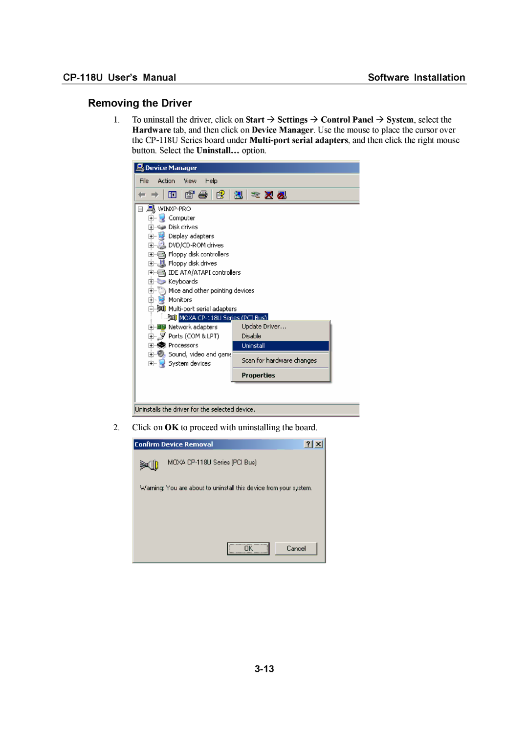 Moxa Technologies CP-118U user manual Removing the Driver 