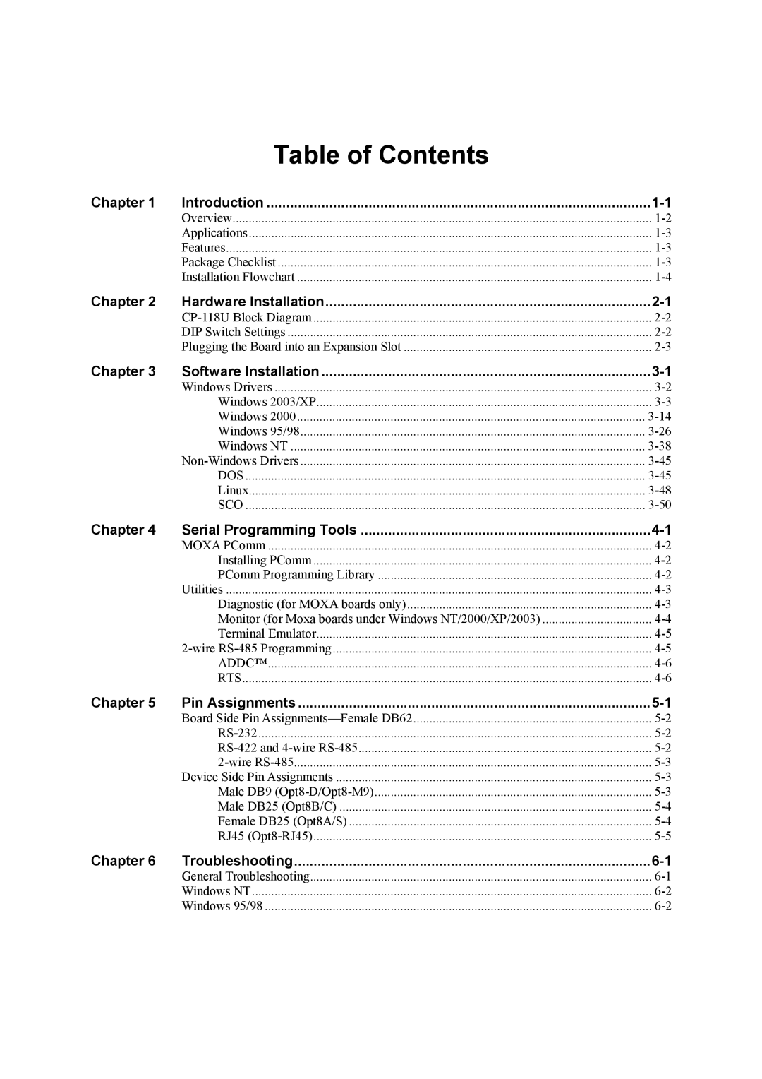 Moxa Technologies CP-118U user manual Table of Contents 