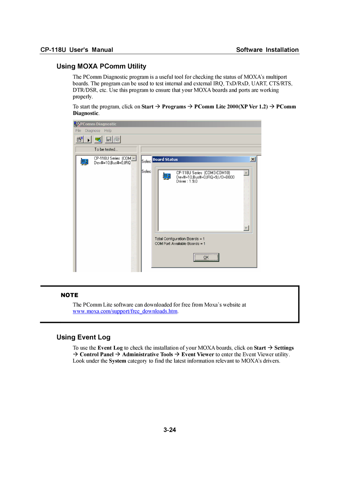 Moxa Technologies CP-118U user manual Using Moxa PComm Utility 