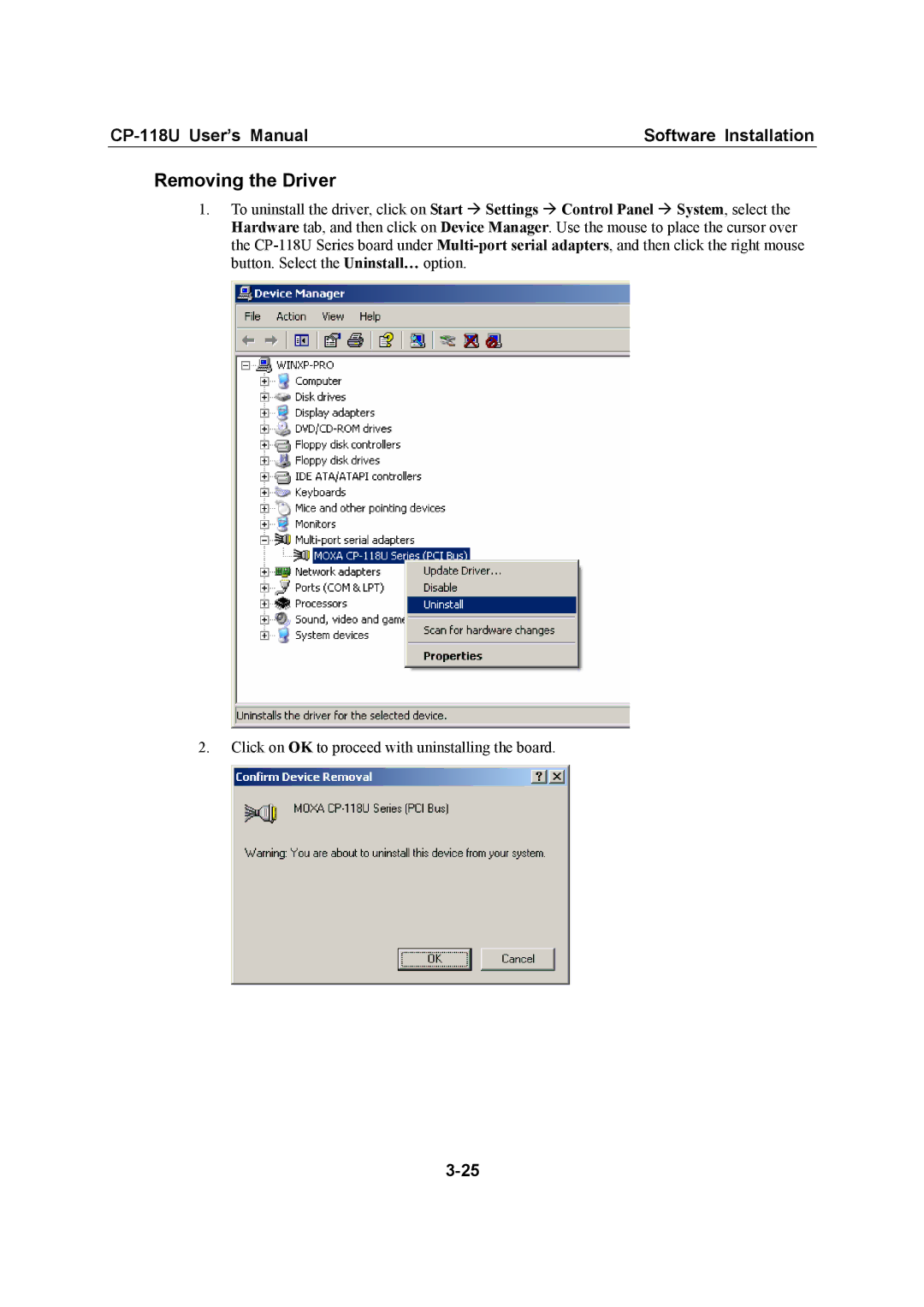 Moxa Technologies CP-118U user manual Removing the Driver 