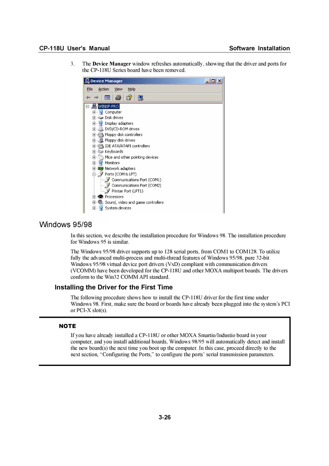 Moxa Technologies CP-118U user manual Windows 95/98, Installing the Driver for the First Time 