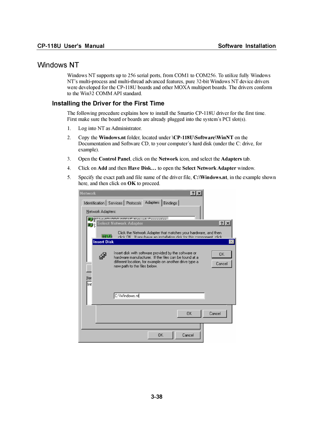 Moxa Technologies CP-118U user manual Windows NT, Installing the Driver for the First Time 