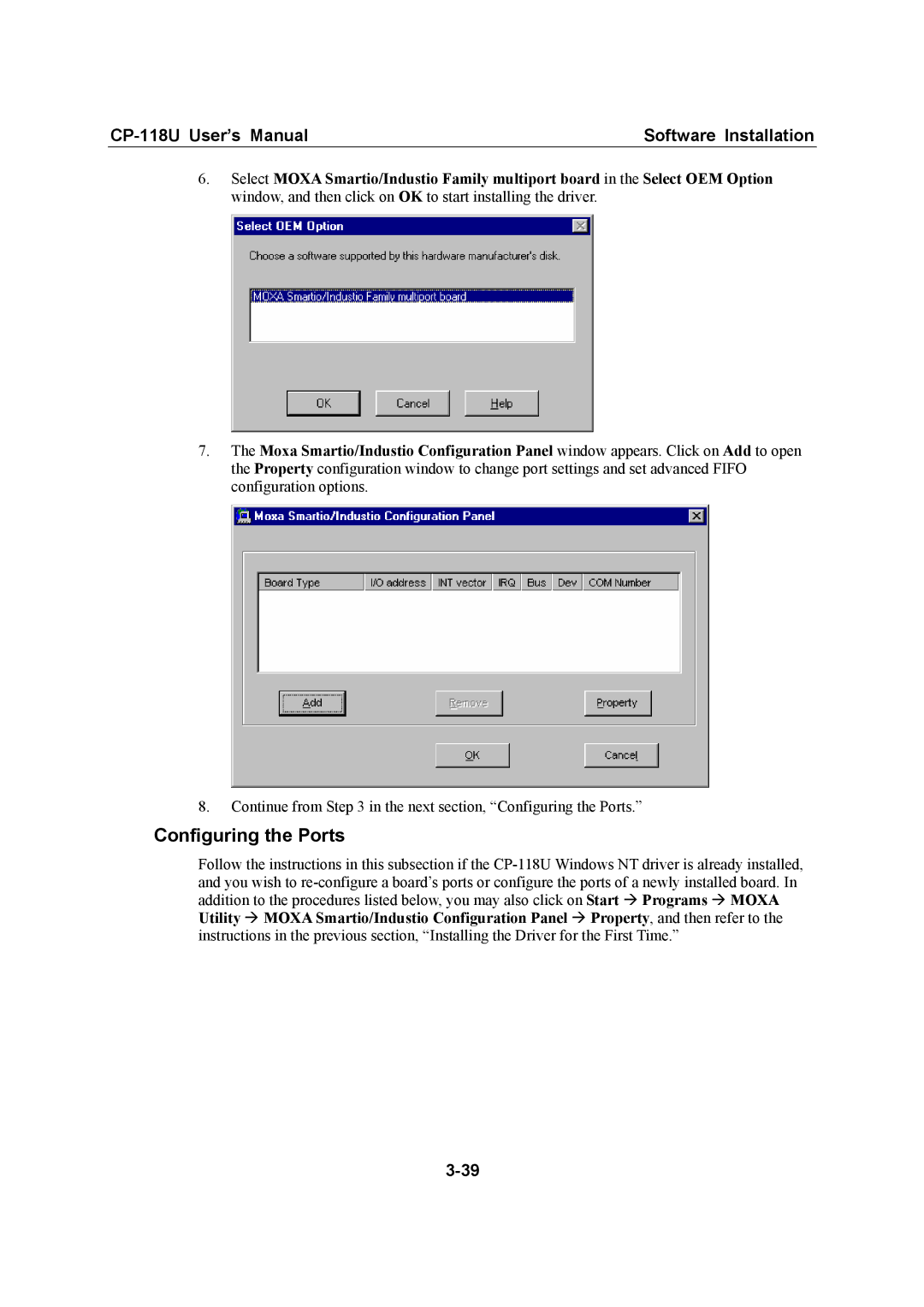 Moxa Technologies CP-118U user manual Continue from in the next section, Configuring the Ports 
