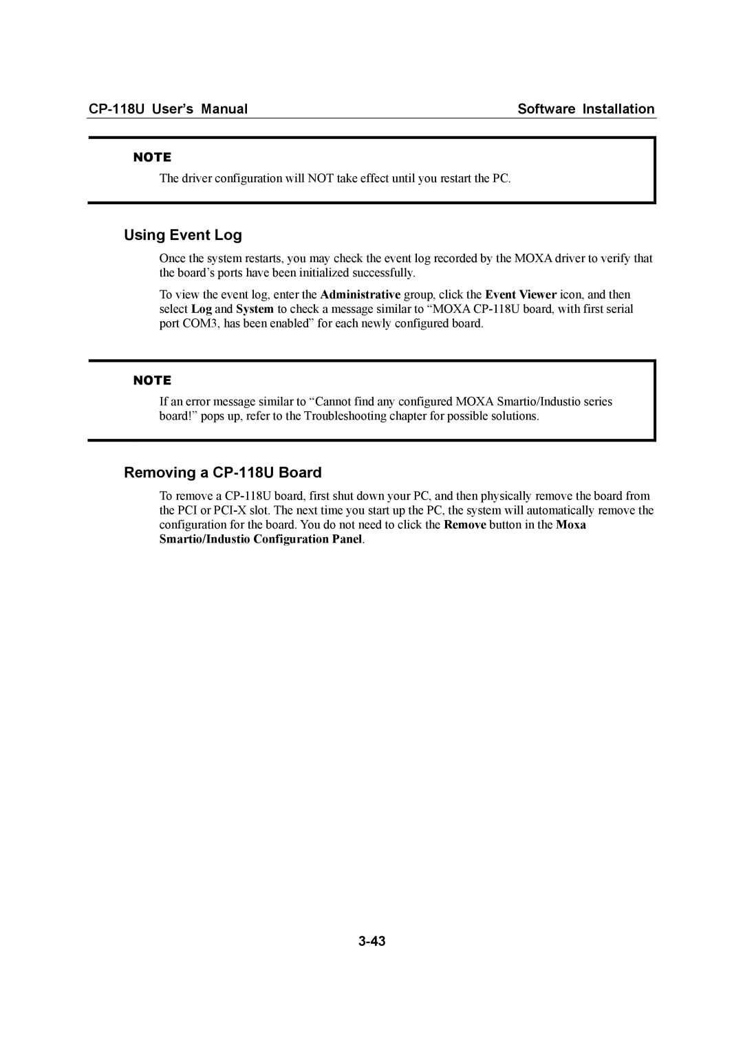 Moxa Technologies user manual Using Event Log, Removing a CP-118U Board 