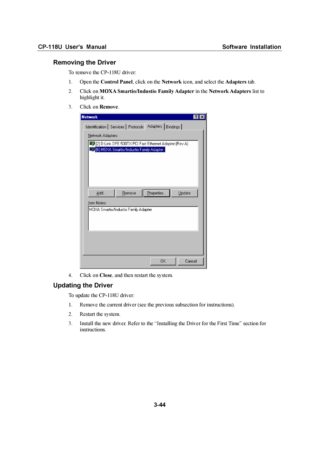 Moxa Technologies CP-118U user manual Click on Remove Click on Close, and then restart the system 