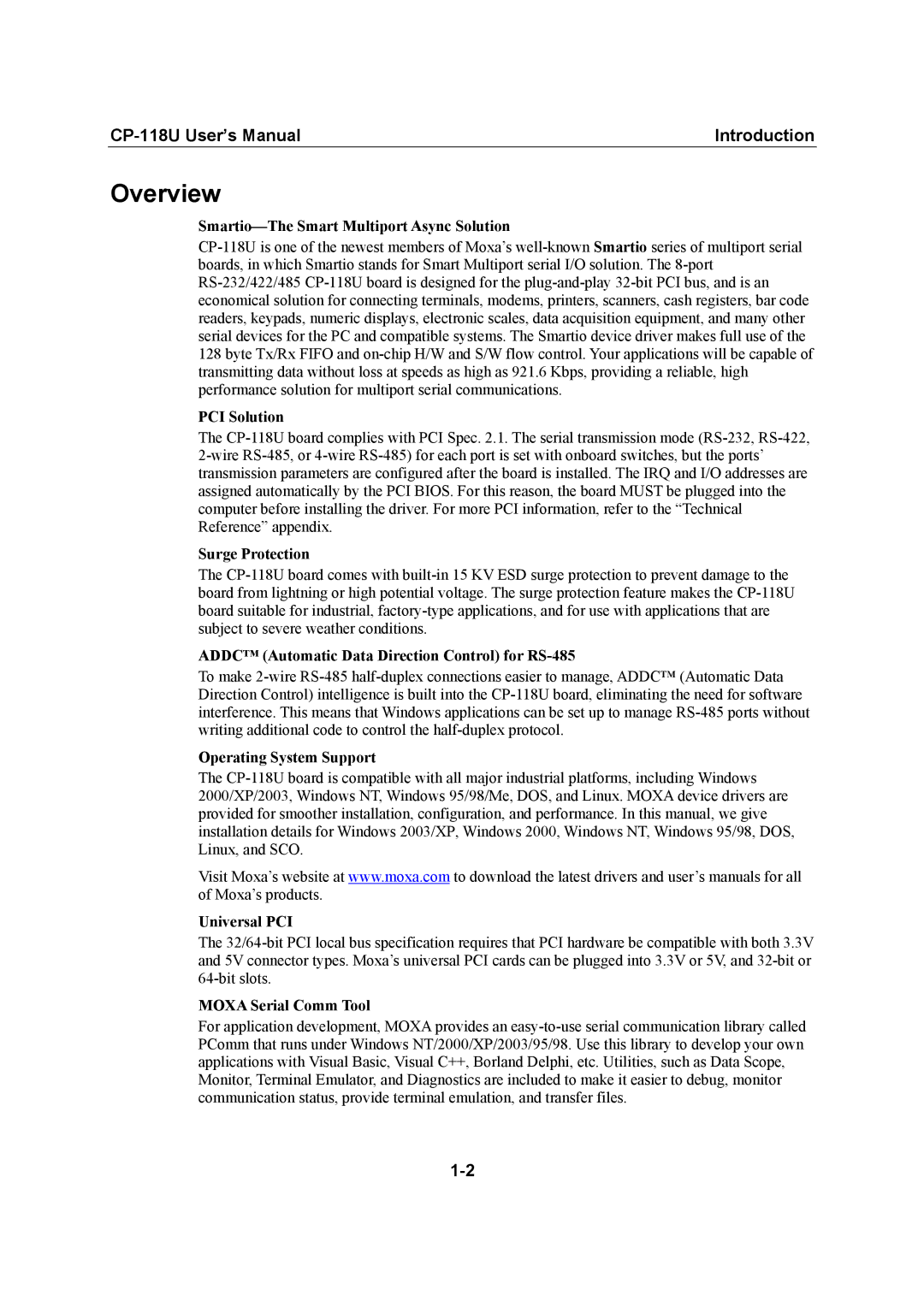 Moxa Technologies CP-118U user manual Overview, Smartio-The Smart Multiport Async Solution 