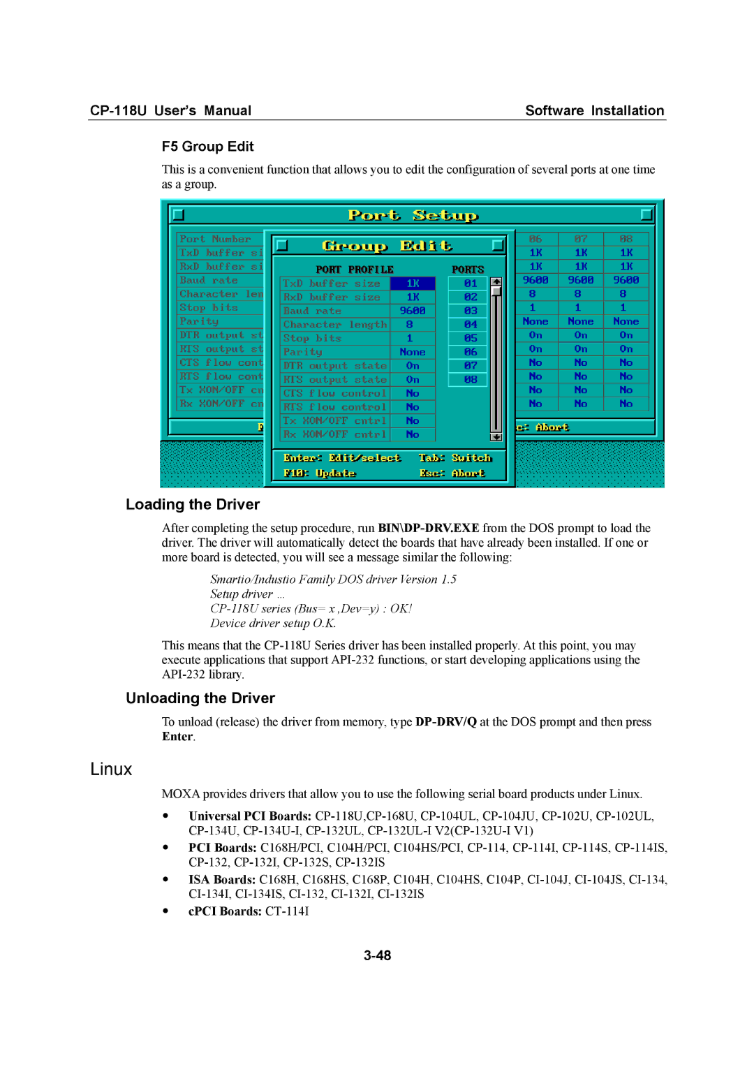 Moxa Technologies CP-118U user manual Linux, Loading the Driver, Unloading the Driver 