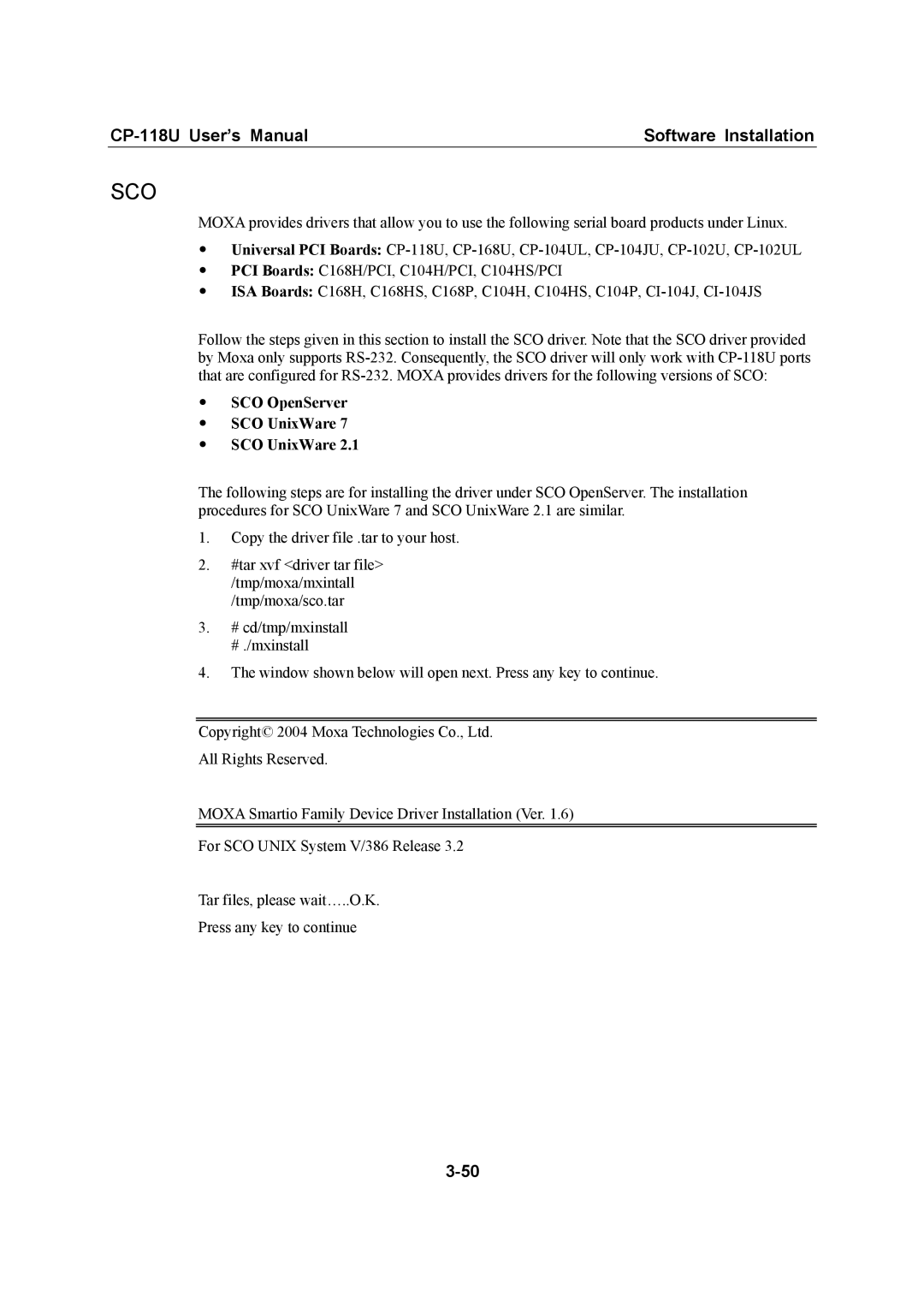 Moxa Technologies CP-118U user manual Sco 