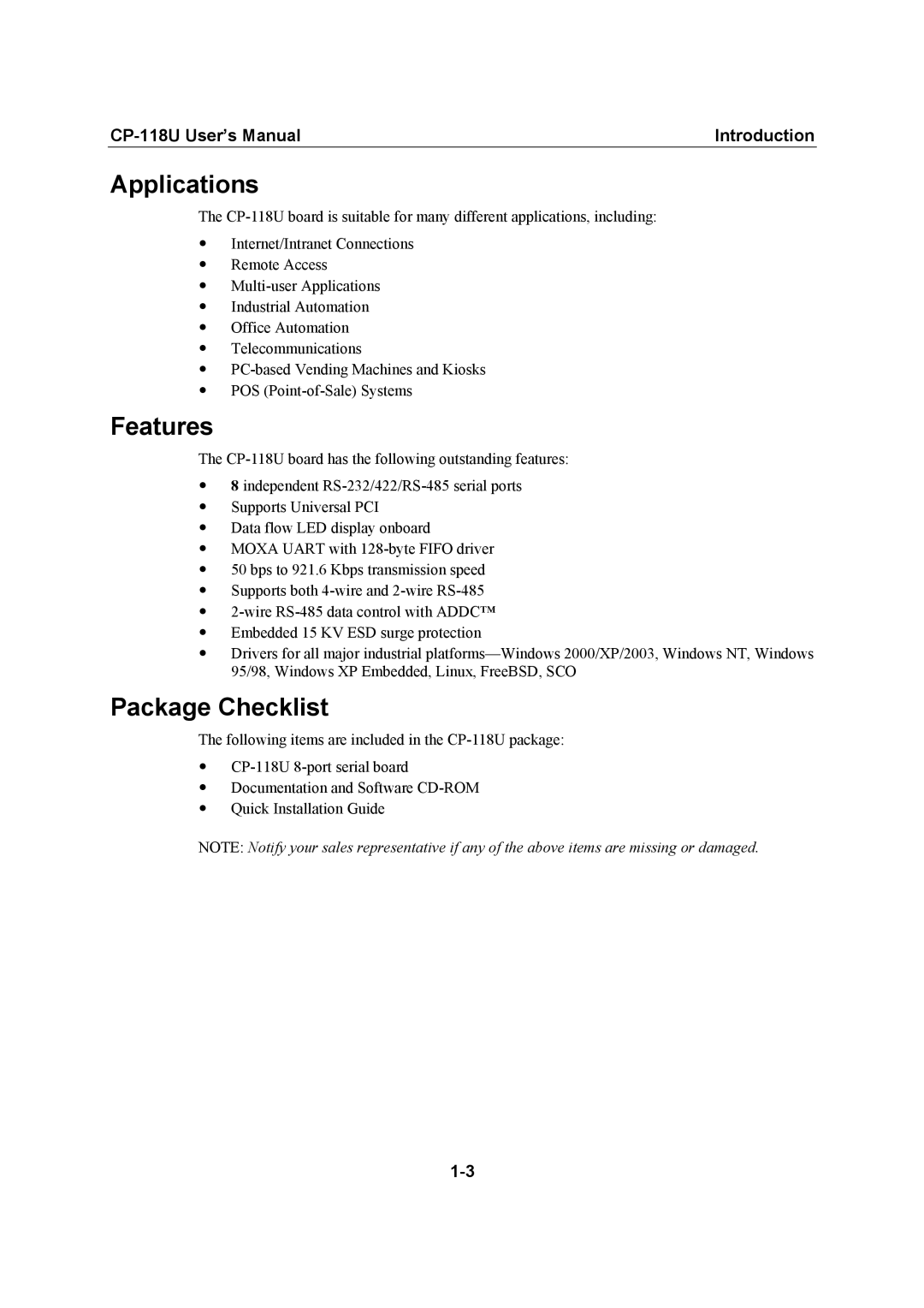 Moxa Technologies CP-118U user manual Applications, Features, Package Checklist 