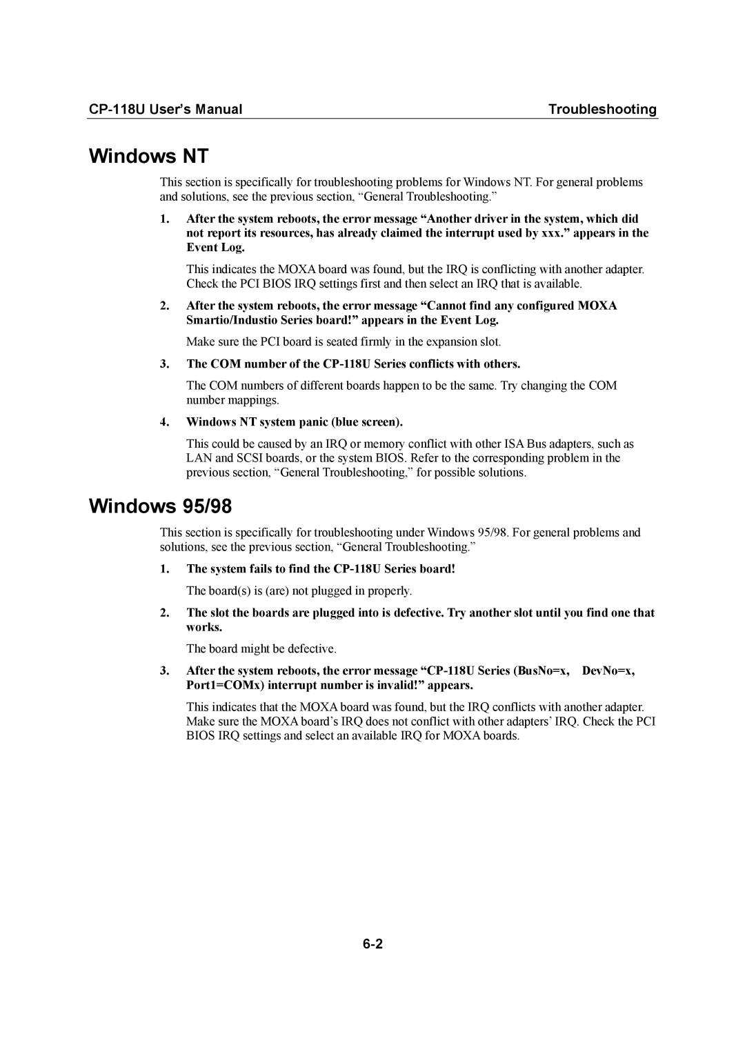 Moxa Technologies CP-118U user manual Windows NT, Windows 95/98 