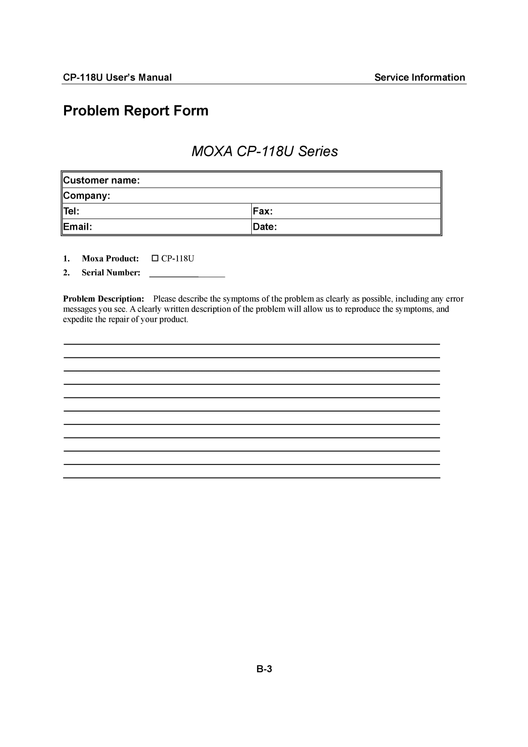 Moxa Technologies user manual Problem Report Form, Moxa CP-118U Series 