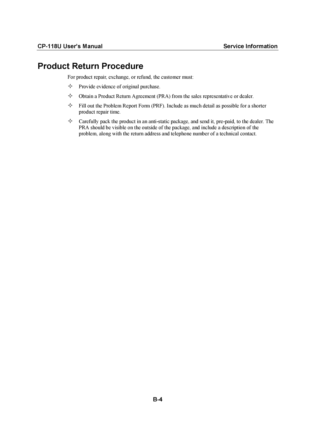 Moxa Technologies CP-118U user manual Product Return Procedure 