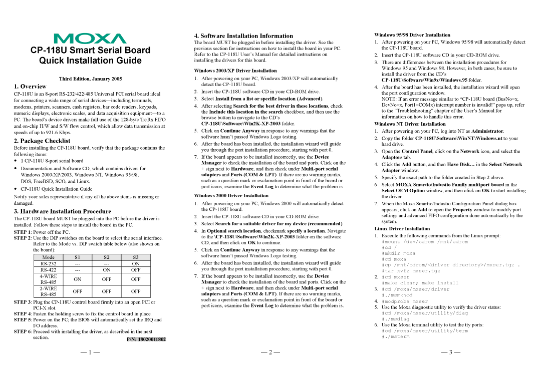 Moxa Technologies CP-118U user manual Overview, Package Checklist, Hardware Installation Procedure 