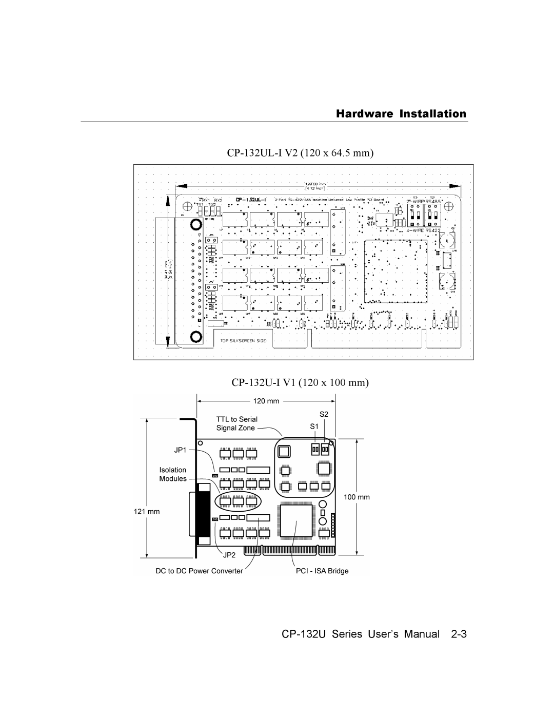 Moxa Technologies CP-132U Series user manual CP-132UL-I V2 120 x 64.5 mm CP-132U-I V1 120 x 100 mm 