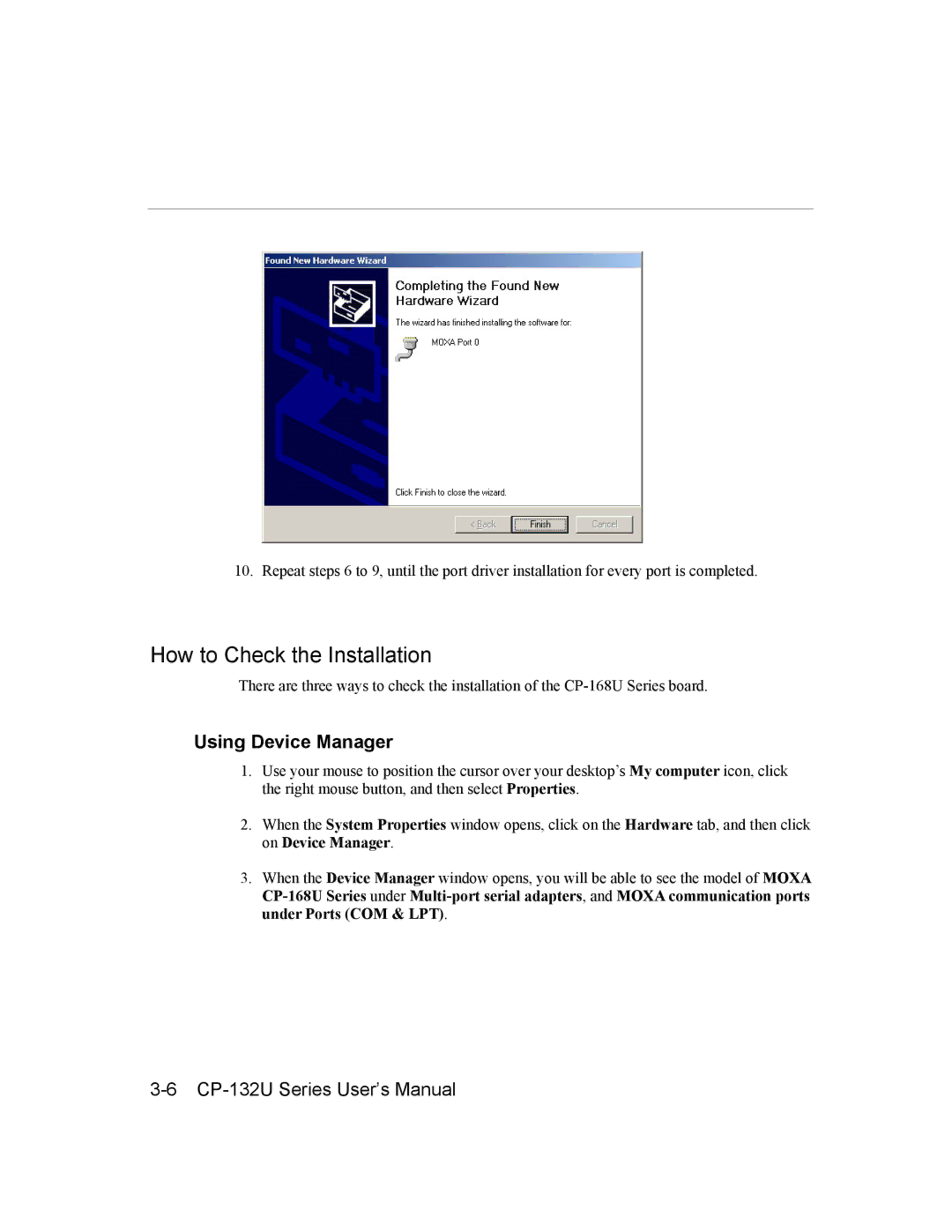 Moxa Technologies CP-132U Series user manual How to Check the Installation, Using Device Manager 