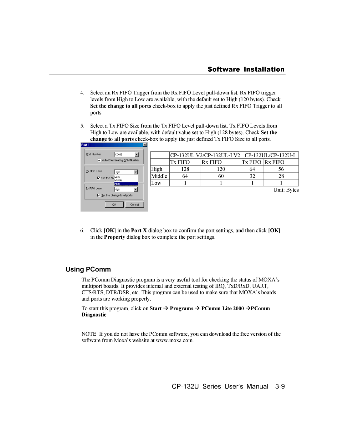 Moxa Technologies CP-132U Series user manual Using PComm 