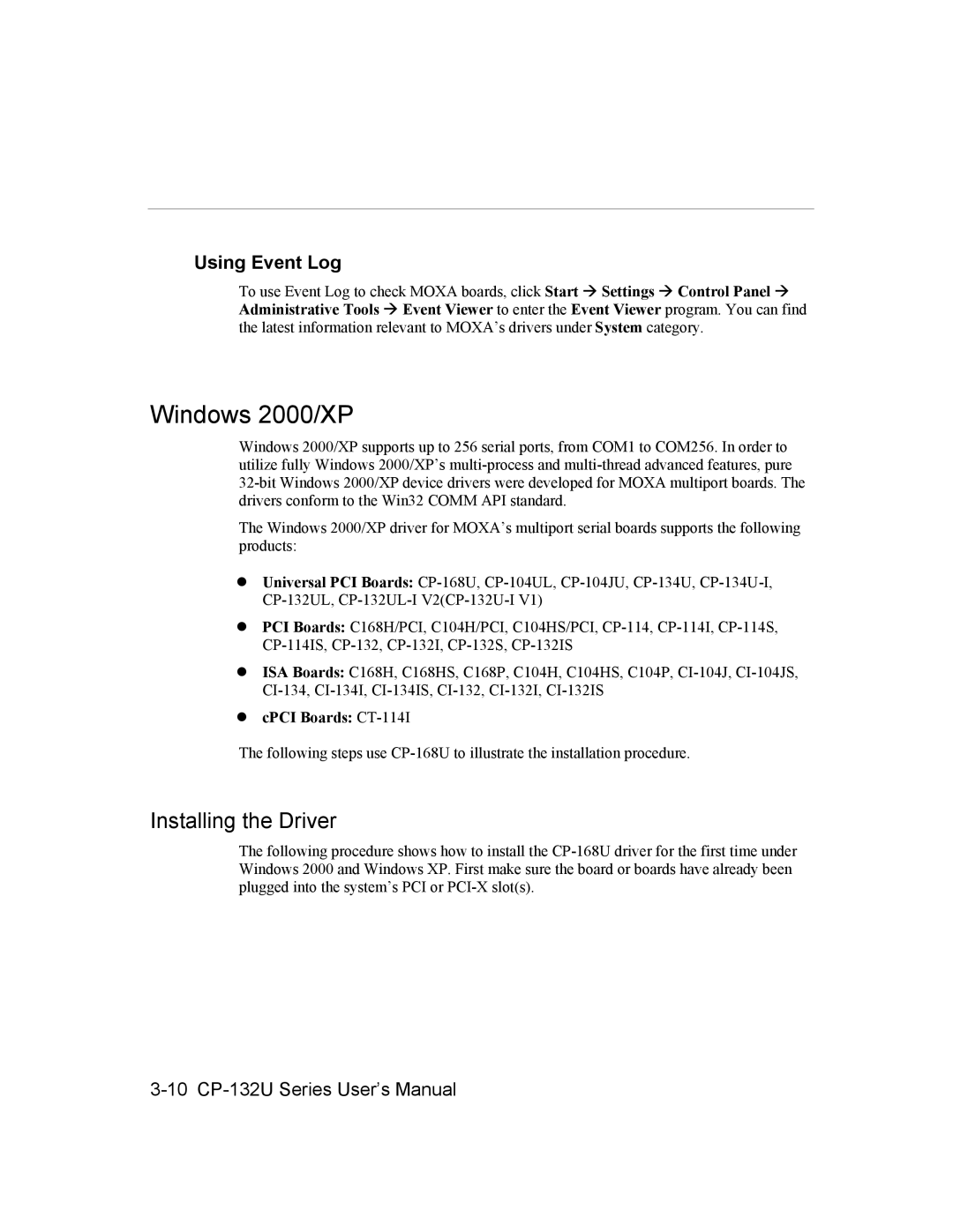 Moxa Technologies CP-132U Series user manual Windows 2000/XP, Using Event Log 