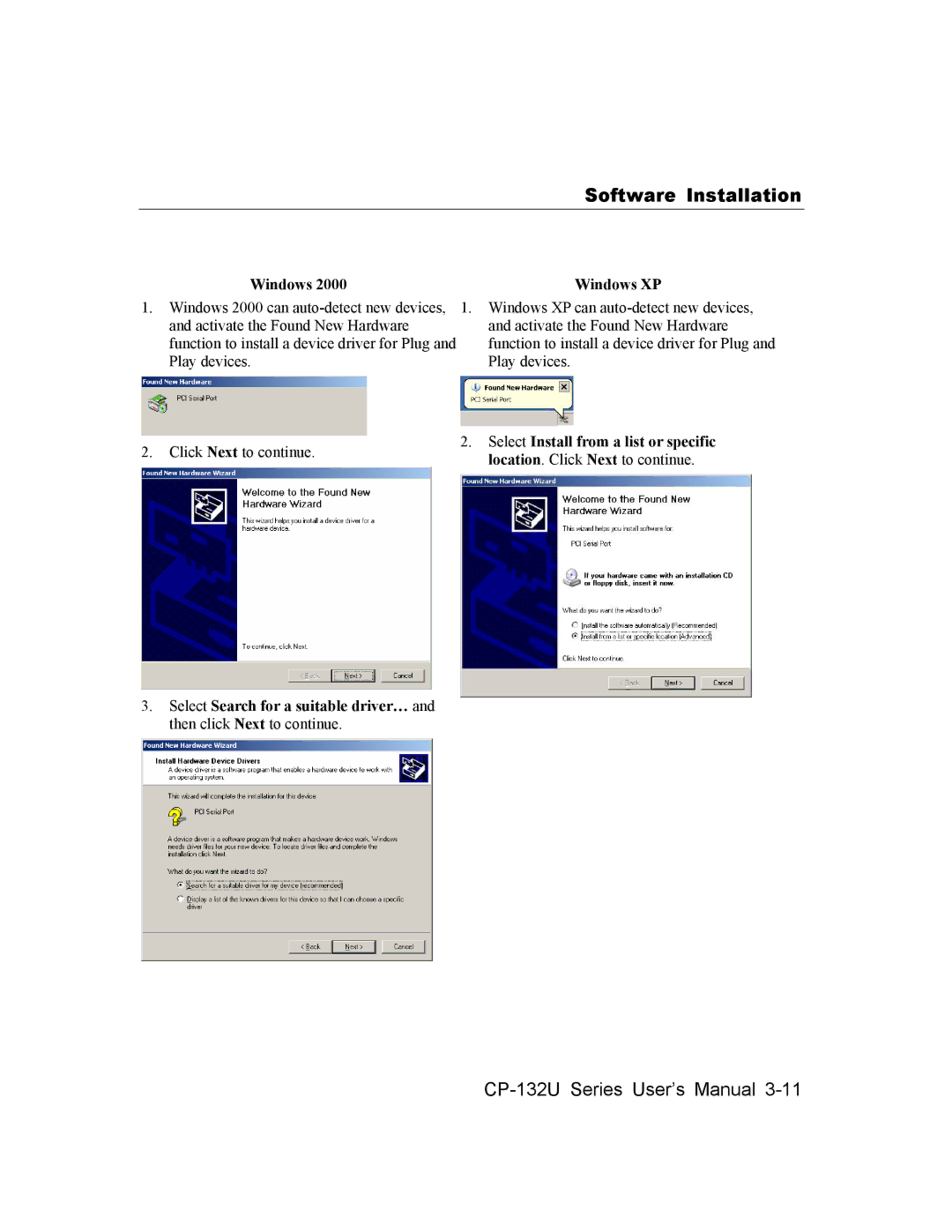 Moxa Technologies CP-132U Series user manual Windows Windows XP, Select Install from a list or specific 