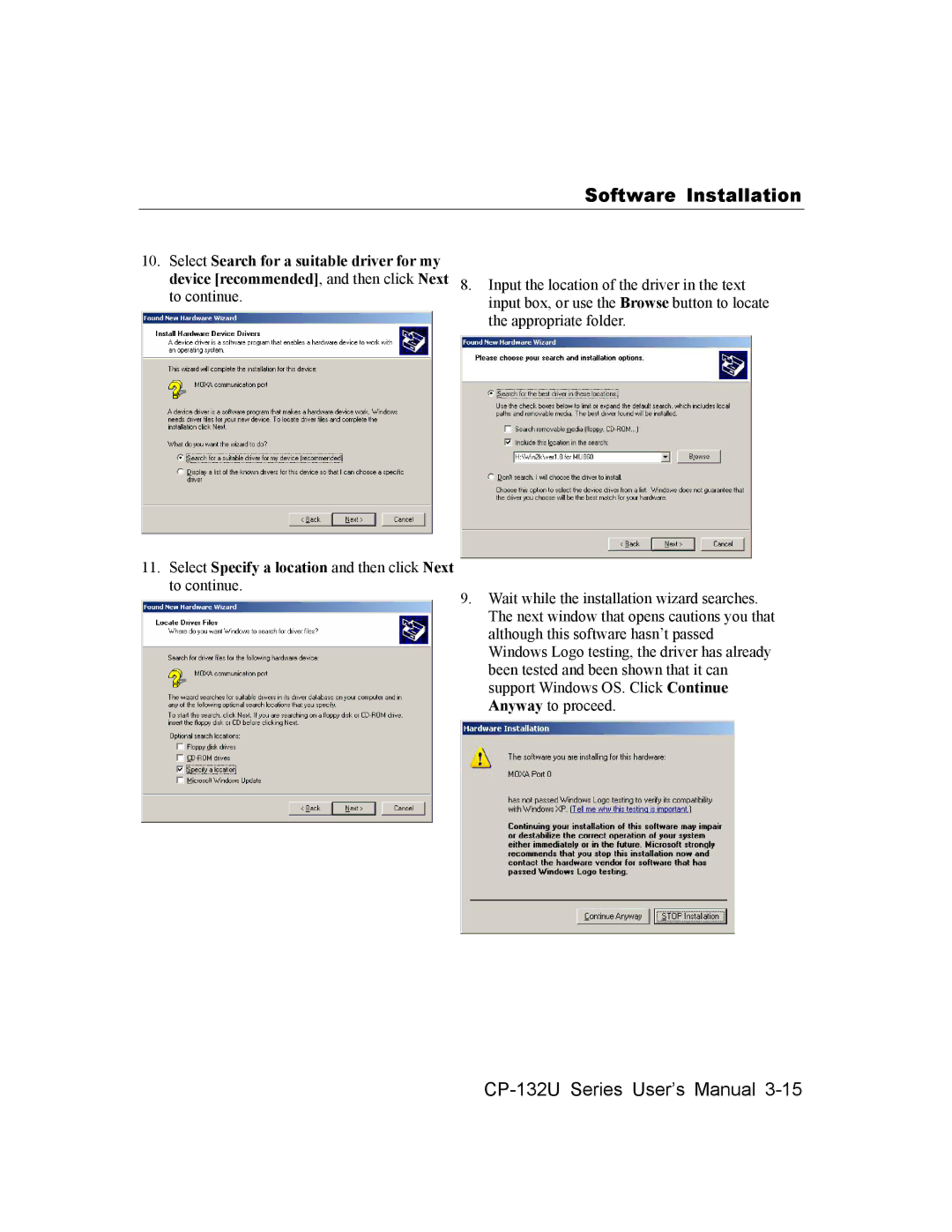 Moxa Technologies CP-132U Series user manual Select Specify a location and then click Next to continue 