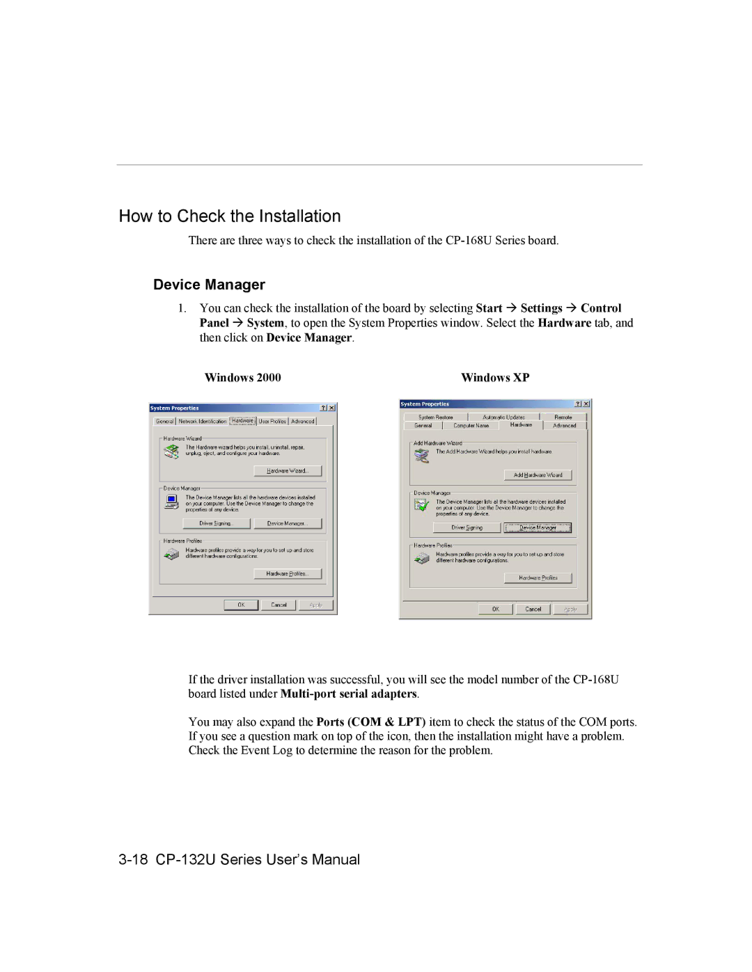 Moxa Technologies CP-132U Series user manual How to Check the Installation, Device Manager 