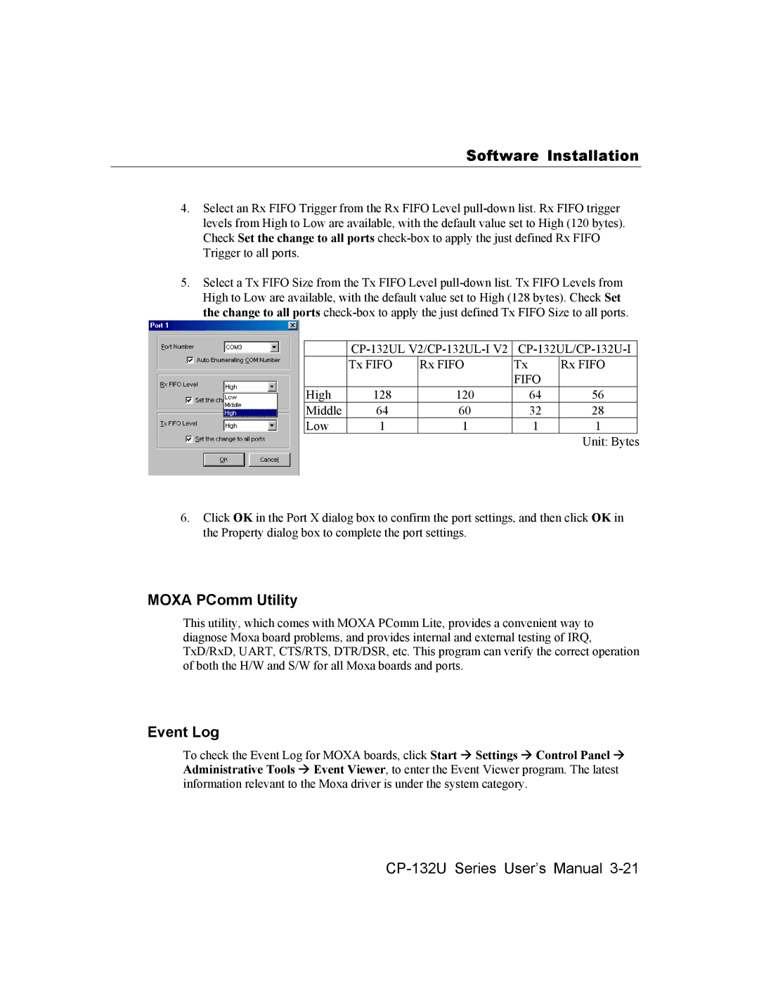 Moxa Technologies CP-132U Series user manual Moxa PComm Utility, Event Log 