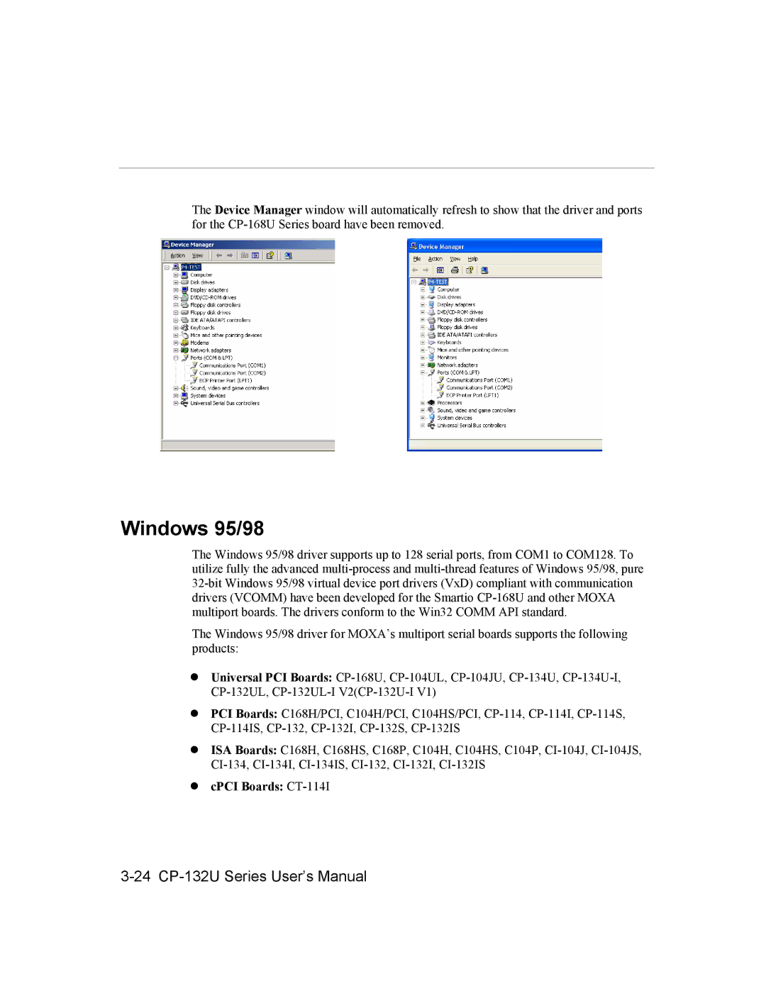 Moxa Technologies CP-132U Series user manual Windows 95/98, CPCI Boards CT-114I 