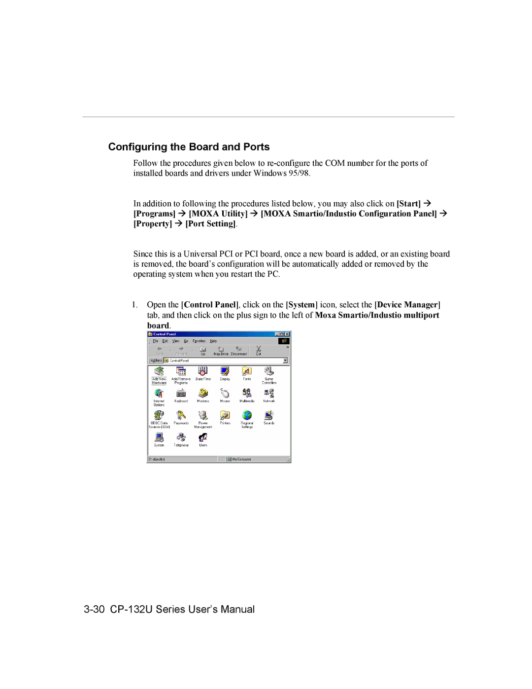 Moxa Technologies CP-132U Series user manual Configuring the Board and Ports 