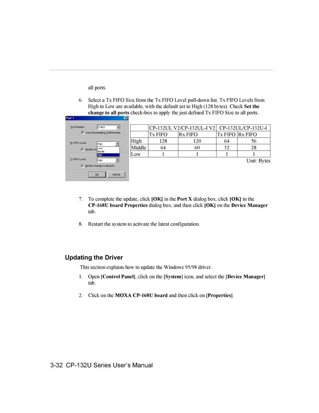 Moxa Technologies CP-132U Series user manual Updating the Driver 