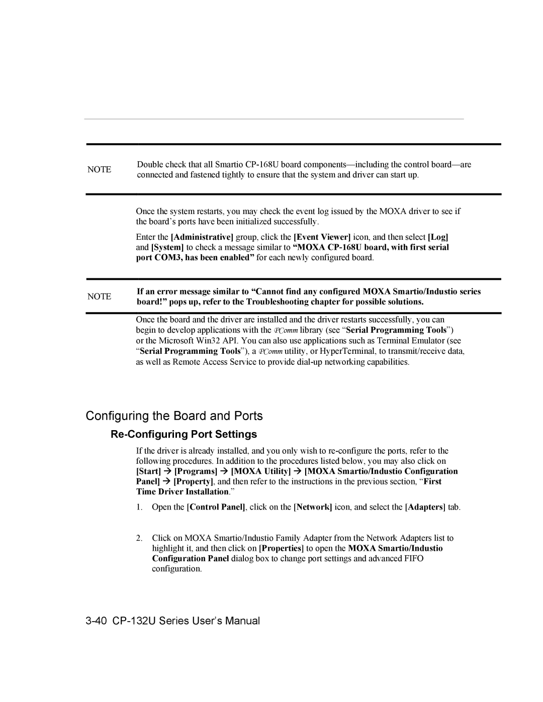 Moxa Technologies CP-132U Series user manual Configuring the Board and Ports, Re-Configuring Port Settings 