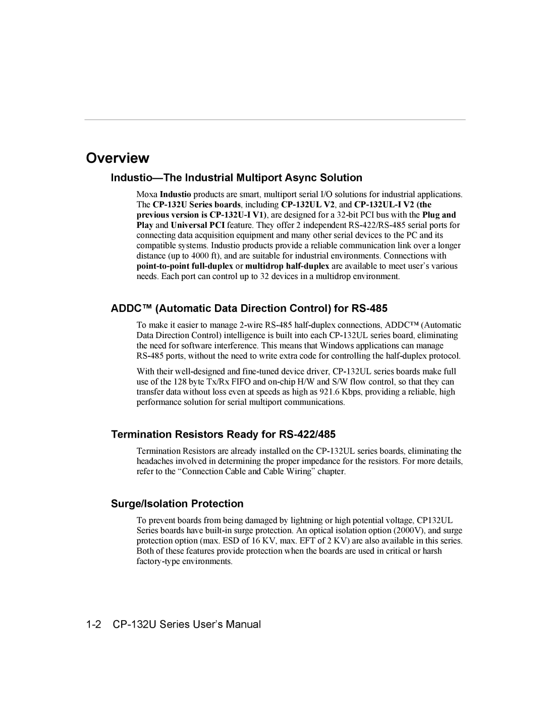 Moxa Technologies CP-132U Series Overview, Industio-The Industrial Multiport Async Solution, Surge/Isolation Protection 