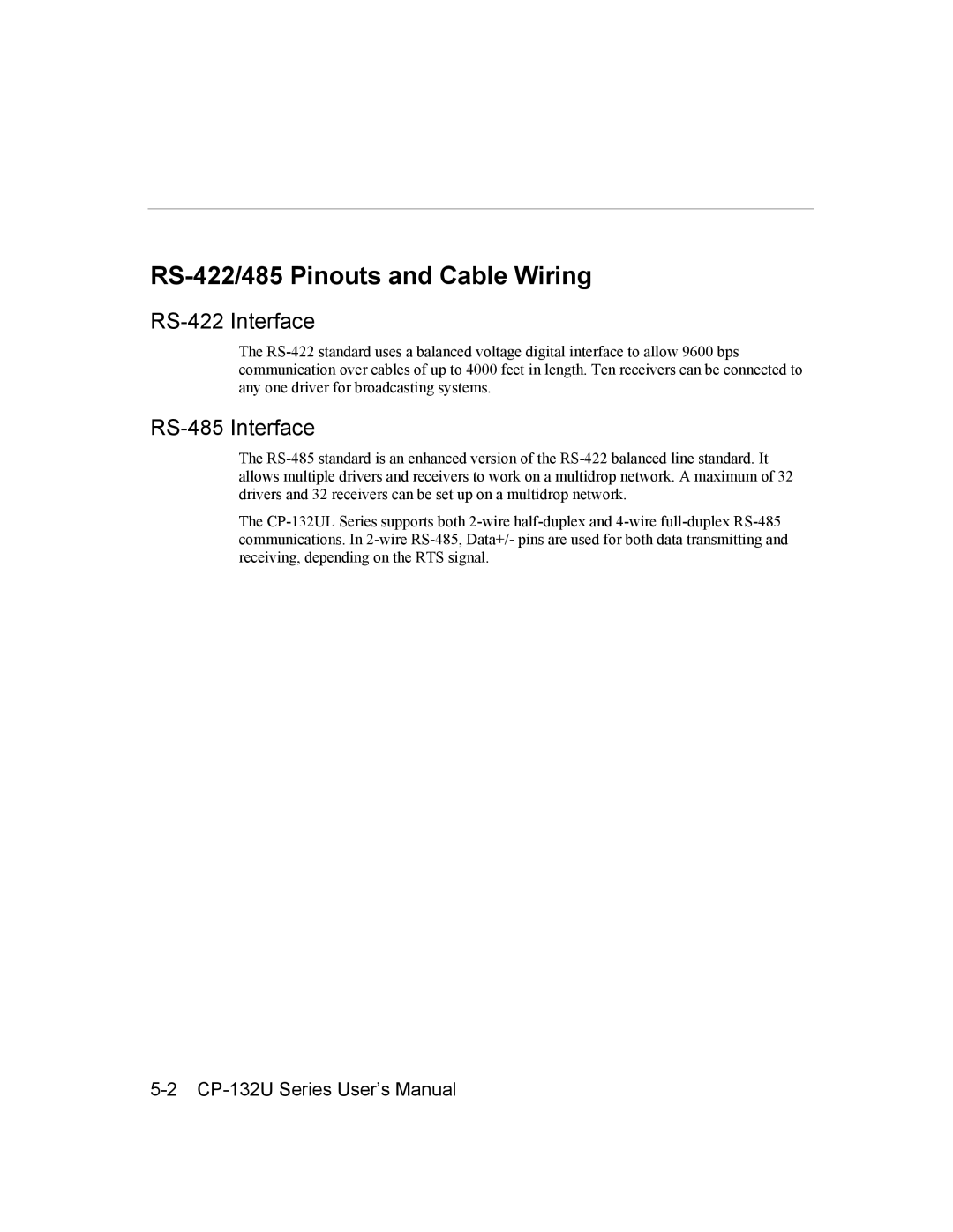 Moxa Technologies CP-132U Series user manual RS-422/485 Pinouts and Cable Wiring, RS-422 Interface, RS-485 Interface 