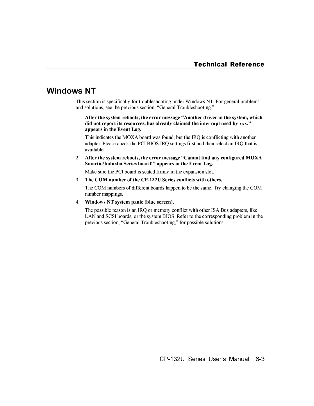 Moxa Technologies user manual Technical Reference, COM number of the CP-132U Series conflicts with others 