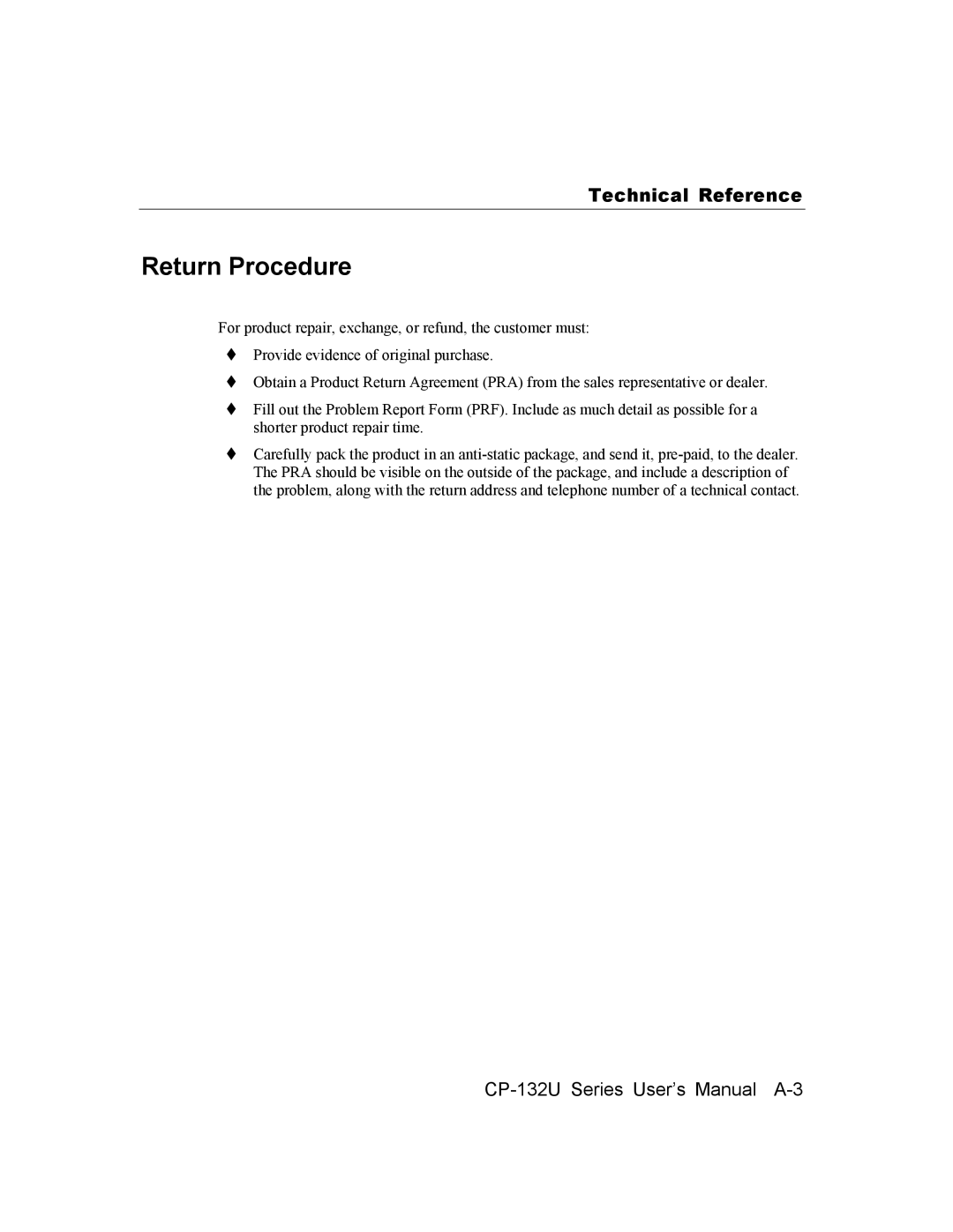 Moxa Technologies CP-132U Series user manual Return Procedure, Technical Reference 