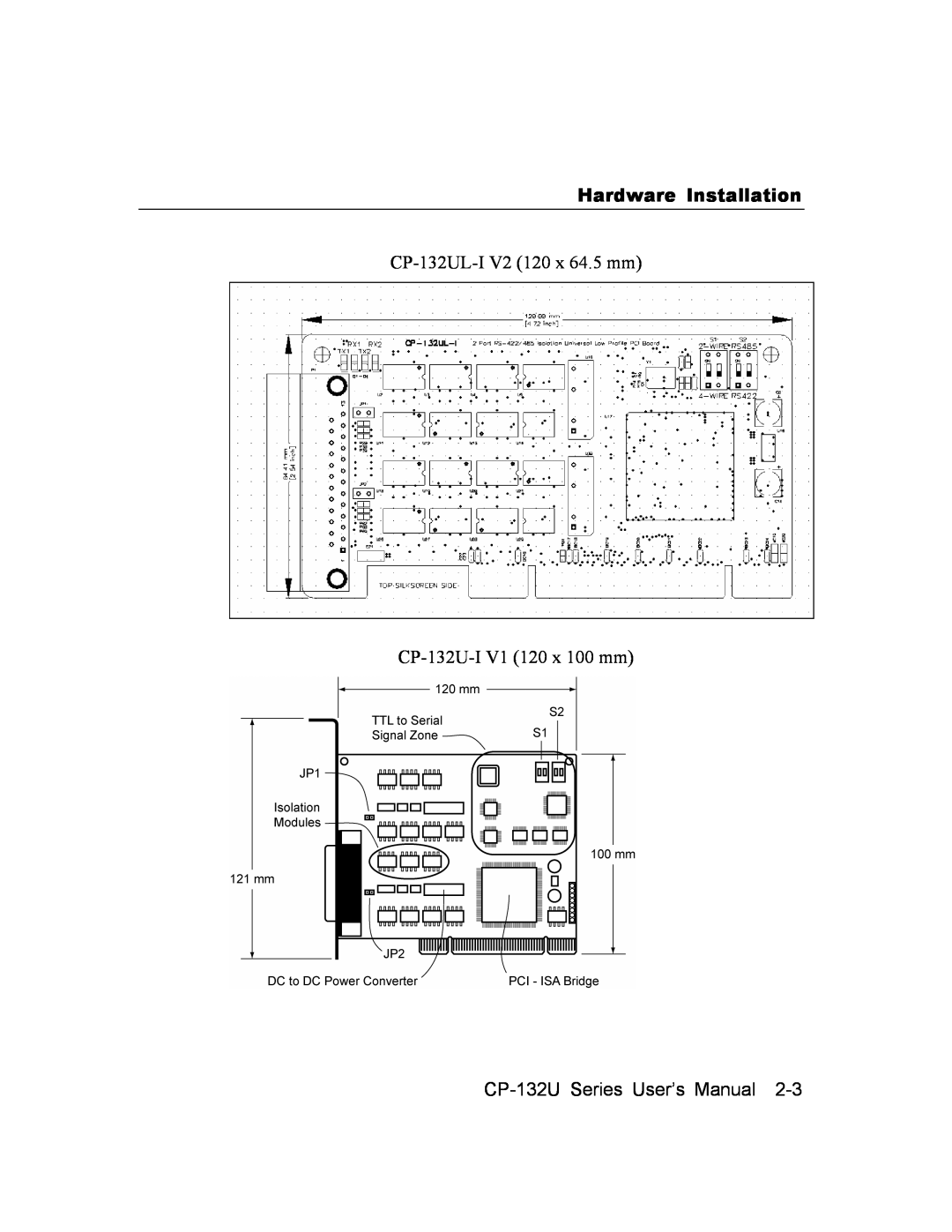 Moxa Technologies CP-132U Series user manual Hardware Installation, CP-132UL-I V2 120 x 64.5 mm CP-132U-I V1 120 x 100 mm 