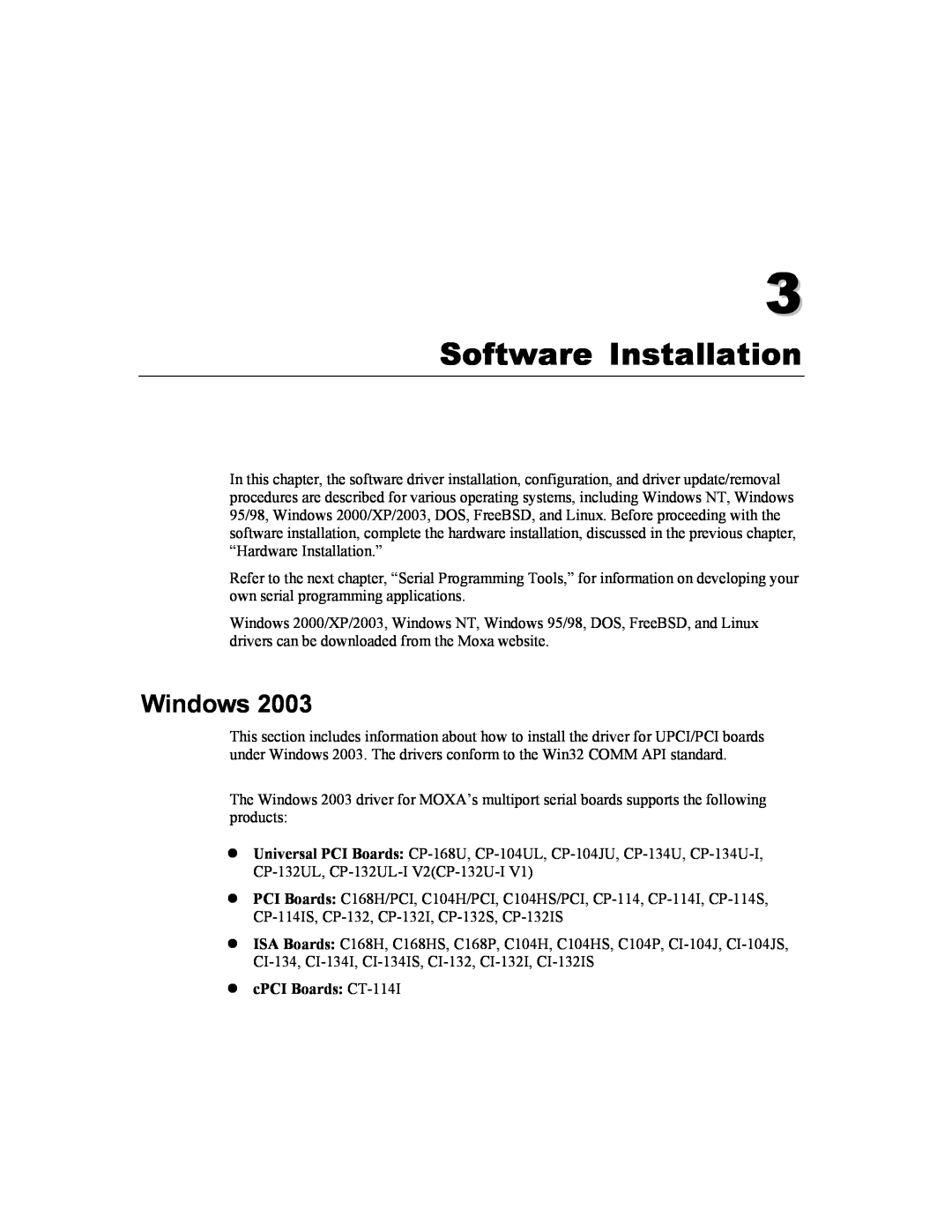 Moxa Technologies CP-132U Series user manual Software Installation, Windows, cPCI Boards CT-114I 