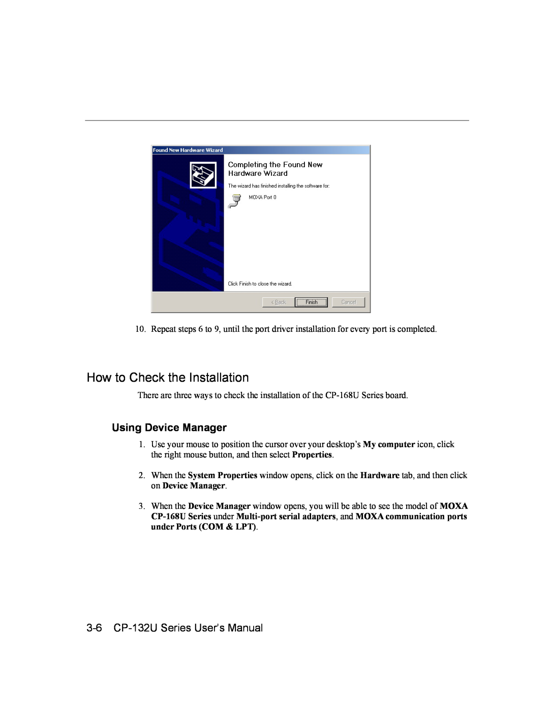 Moxa Technologies user manual How to Check the Installation, Using Device Manager, 3-6 CP-132U Series User’s Manual 