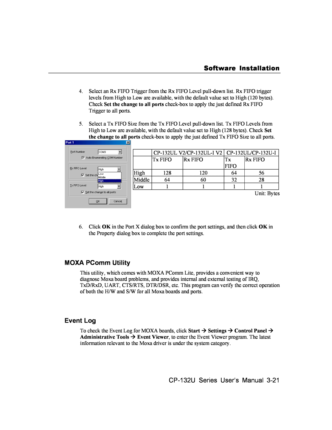 Moxa Technologies user manual MOXA PComm Utility, Event Log, Software Installation, CP-132U Series User’s Manual 