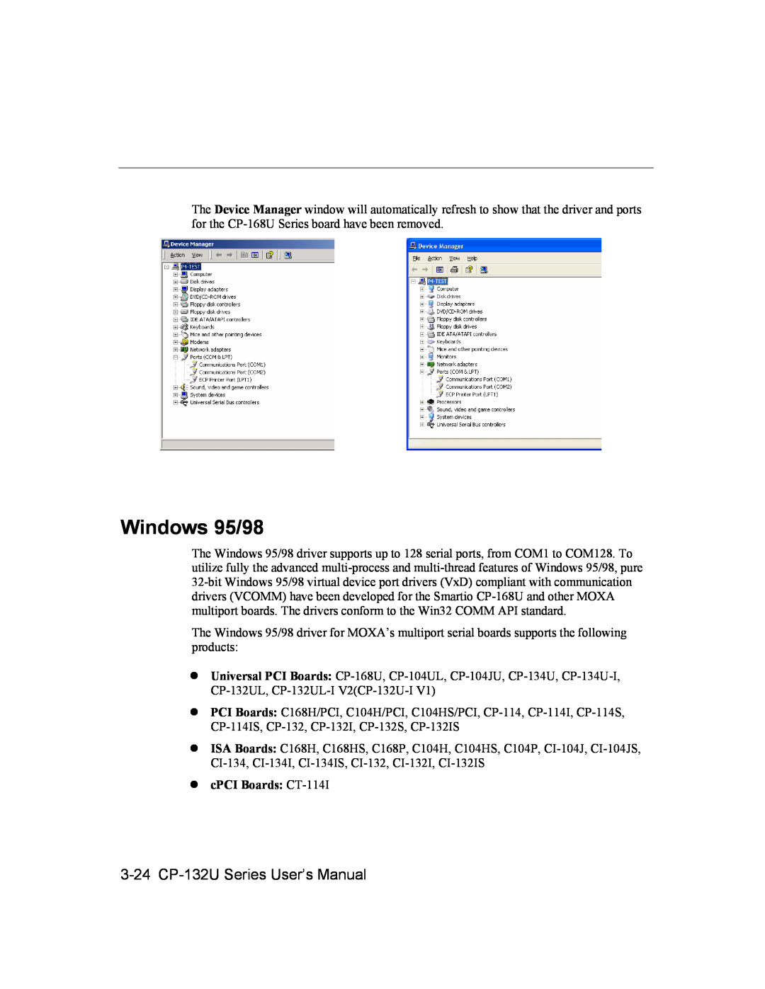 Moxa Technologies user manual Windows 95/98, 3-24 CP-132U Series User’s Manual, cPCI Boards CT-114I 