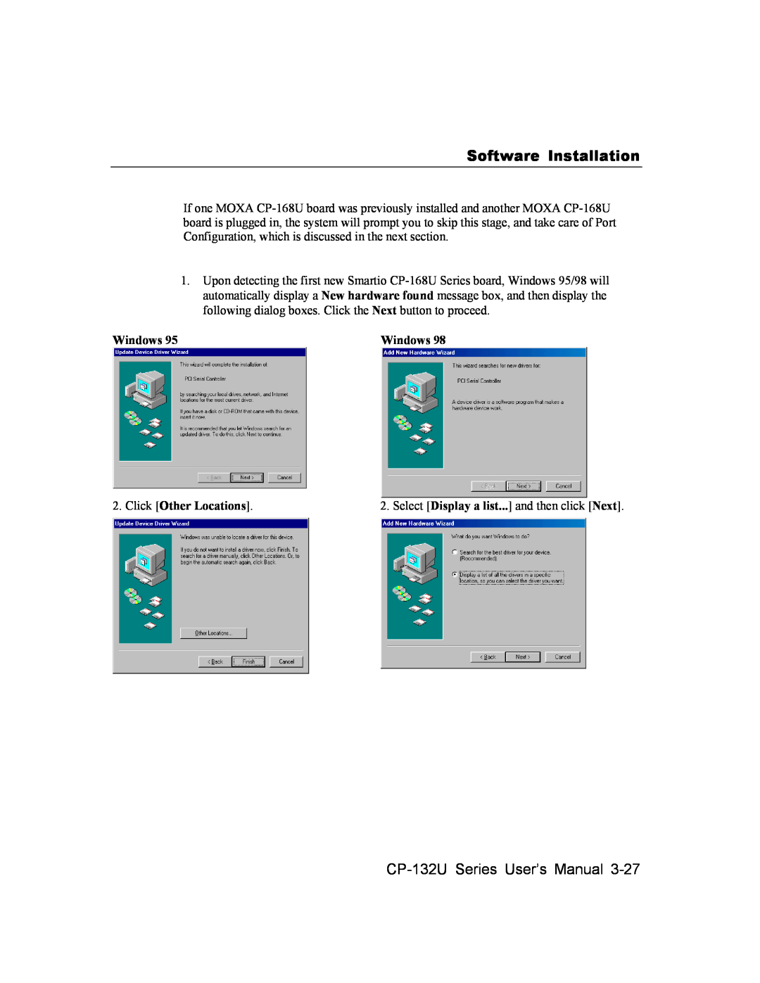 Moxa Technologies user manual Click Other Locations, Software Installation, CP-132U Series User’s Manual, Windows 