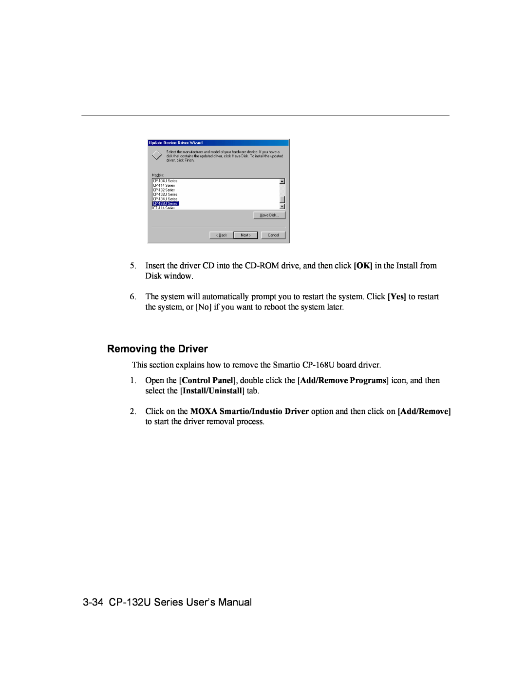 Moxa Technologies user manual Removing the Driver, 3-34 CP-132U Series User’s Manual 