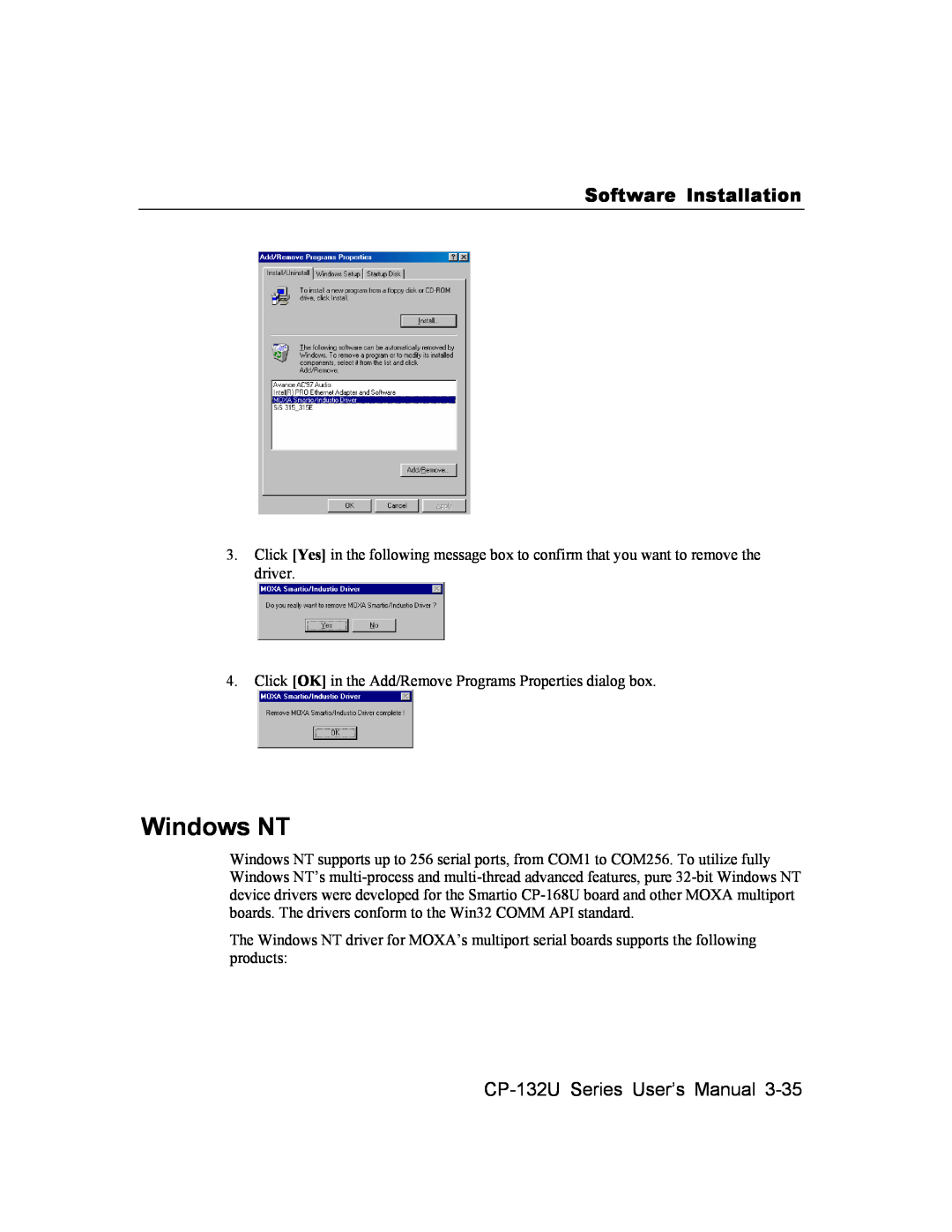 Moxa Technologies user manual Windows NT, Software Installation, CP-132U Series User’s Manual 