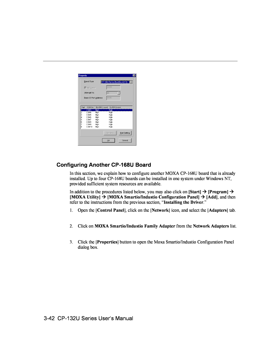 Moxa Technologies user manual Configuring Another CP-168U Board, 3-42 CP-132U Series User’s Manual 