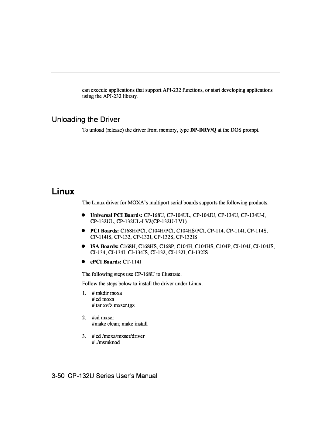 Moxa Technologies user manual Linux, Unloading the Driver, 3-50 CP-132U Series User’s Manual, cPCI Boards CT-114I 