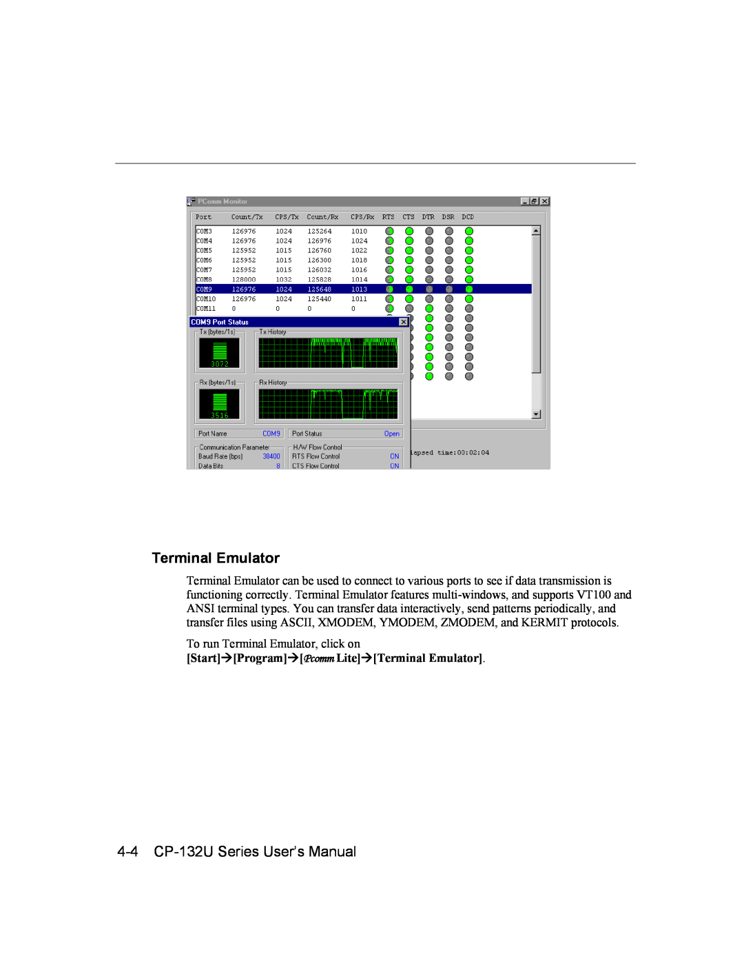 Moxa Technologies user manual 4-4 CP-132U Series User’s Manual, Start#Program#Pcomm Lite#Terminal Emulator 