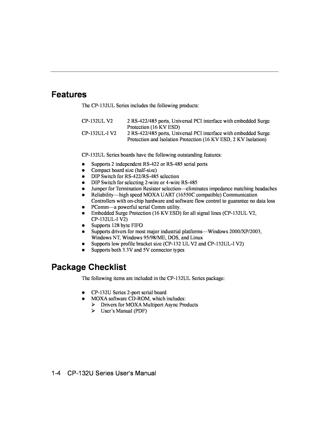 Moxa Technologies user manual Features, Package Checklist, 1-4 CP-132U Series User’s Manual 